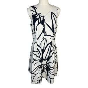 Ellen Tracy Floral Dress Sleeveless Knee Length Cotton Black White Size 10